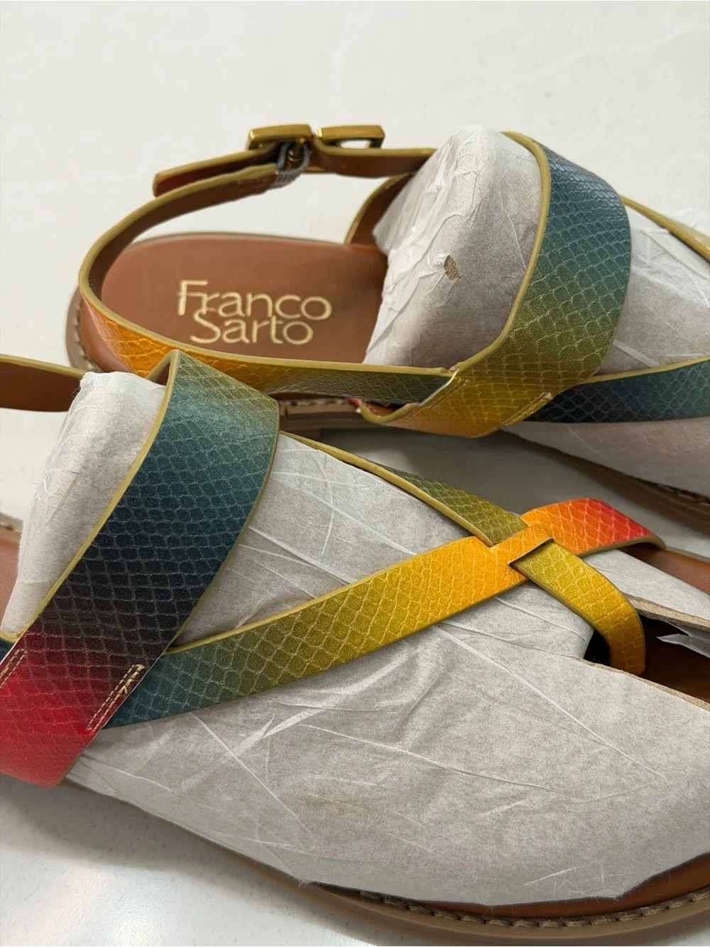 Franco Sarto Gabby Flat Sandal Multi Snake Print 9M Crisscross Strappy